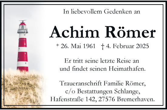 Traueranzeige von Achim Römer von trauer.wuppertaler-rundschau.de