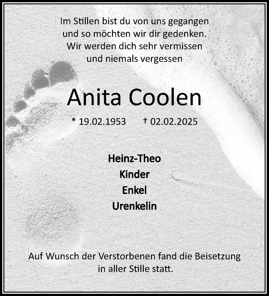  Traueranzeige für Anita Coolen vom 16.02.2025 aus trauer.extra-tipp-moenchengladbach.de