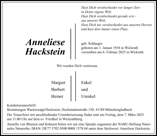 Traueranzeige von Anneliese Hackstein von trauer.extra-tipp-moenchengladbach.de