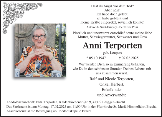 Traueranzeige von Anni Terporten von trauer.extra-tipp-moenchengladbach.de
