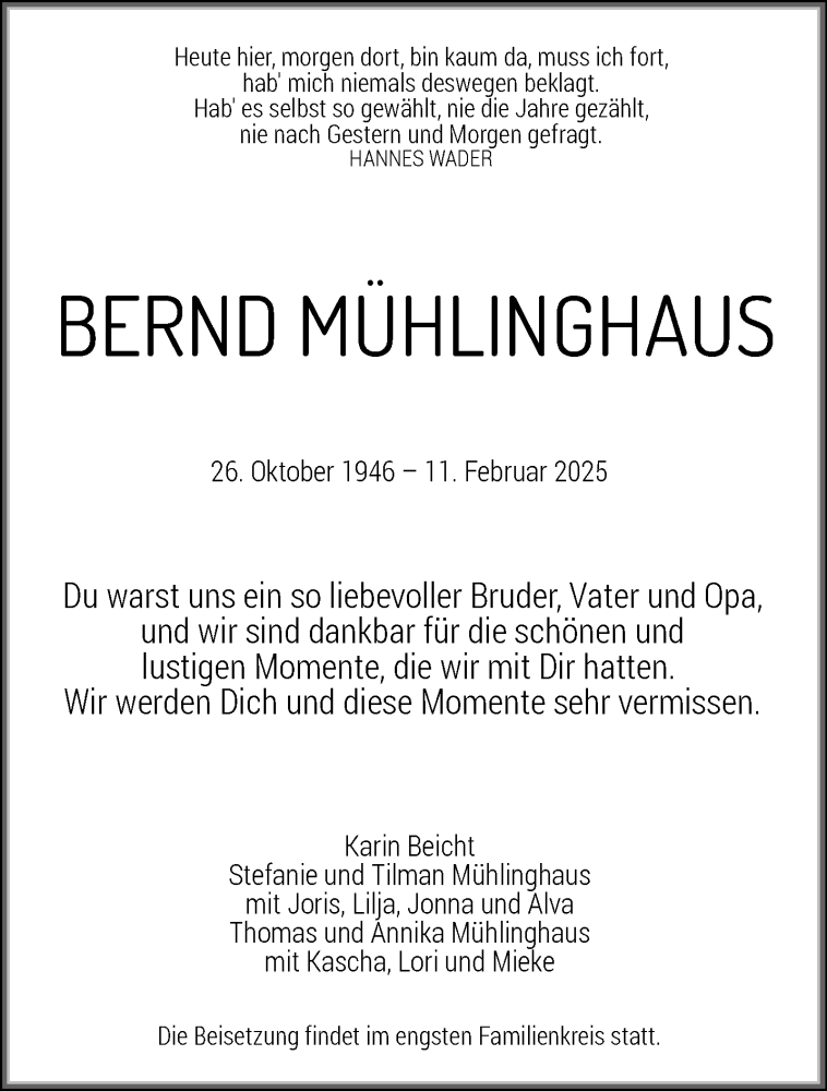  Traueranzeige für Bernd Mühlinghaus vom 22.02.2025 aus trauer.wuppertaler-rundschau.de