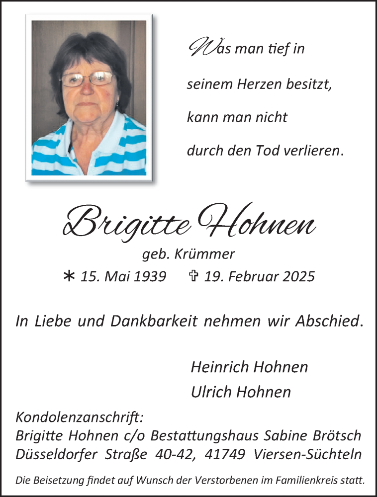  Traueranzeige für Brigitte Hohnen vom 02.03.2025 aus trauer.extra-tipp-moenchengladbach.de