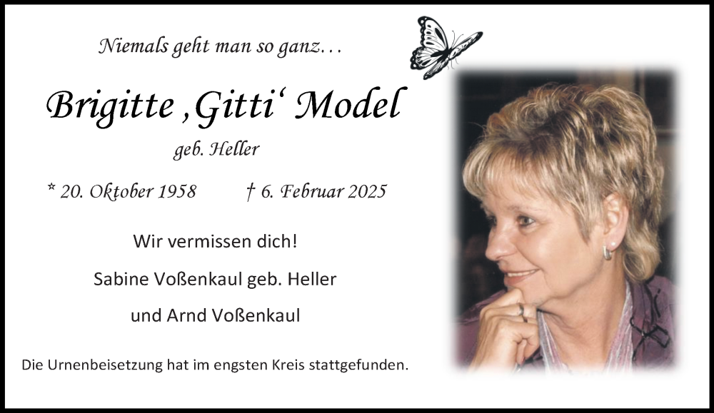 Traueranzeige für Brigitte Model vom 23.02.2025 aus trauer.extra-tipp-moenchengladbach.de