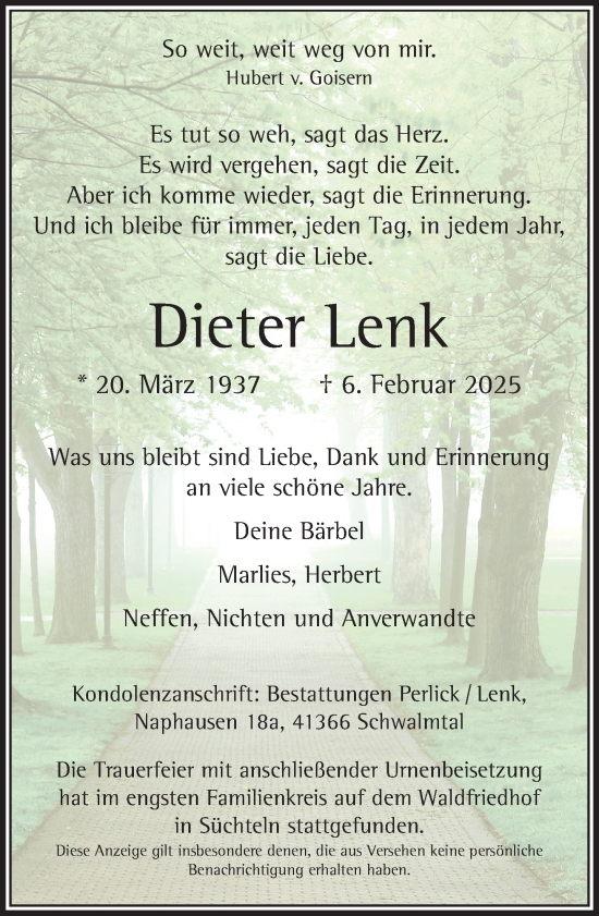Traueranzeige von Dieter Lenk von trauer.extra-tipp-moenchengladbach.de
