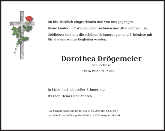 Traueranzeige von Dorothea Drögemeier von trauer.wuppertaler-rundschau.de