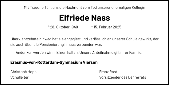 Traueranzeige von Elfriede Nass von trauer.extra-tipp-moenchengladbach.de