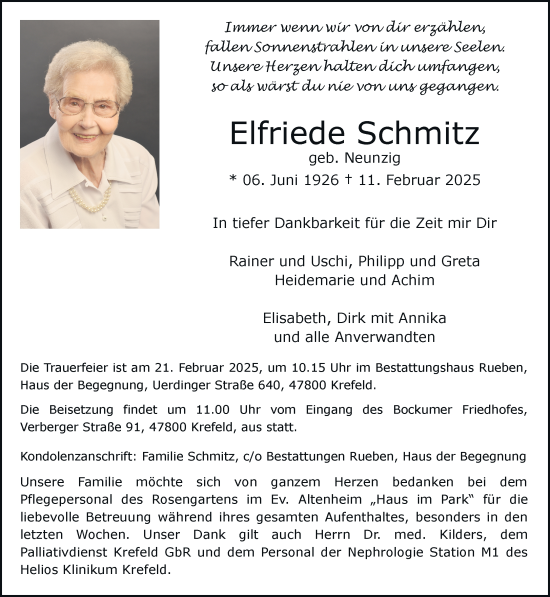 Traueranzeige von Elfriede Schmitz von trauer.extra-tipp-moenchengladbach.de