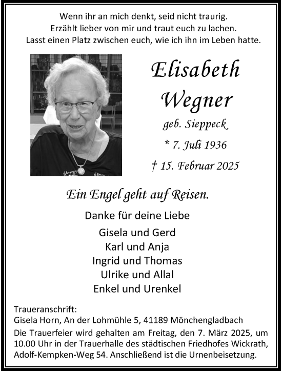 Traueranzeige von Elisabeth Wegner von trauer.extra-tipp-moenchengladbach.de