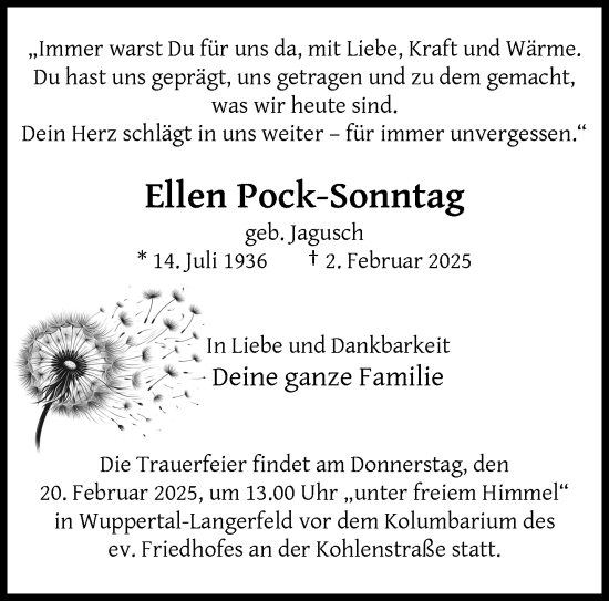 Traueranzeige von Ellen Pock-Sonntag von trauer.wuppertaler-rundschau.de