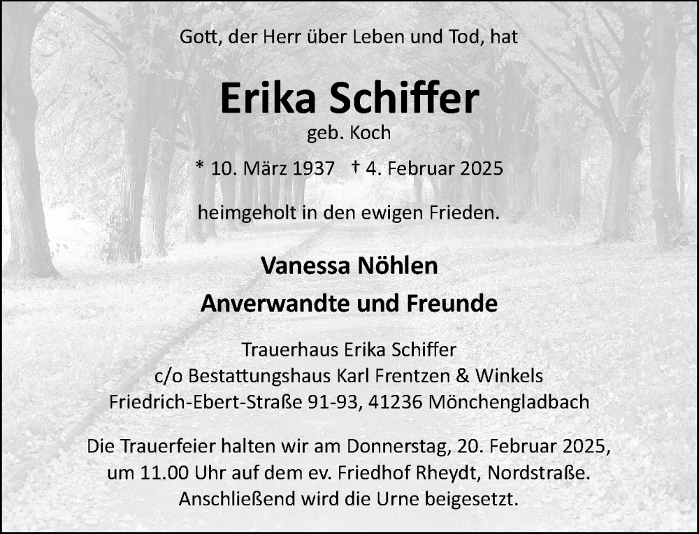 Traueranzeige für Erika Schiffer vom 16.02.2025 aus trauer.extra-tipp-moenchengladbach.de