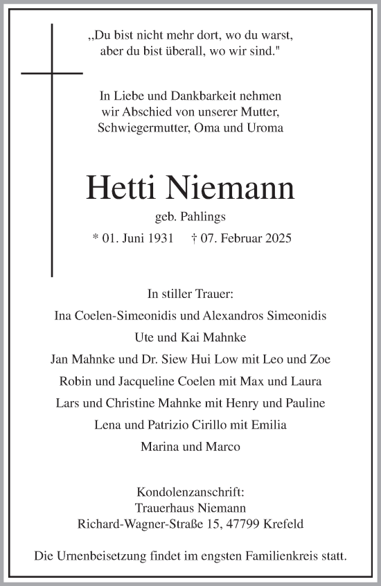 Traueranzeige von Hetti Niemann von Extra Tipp Krefeld