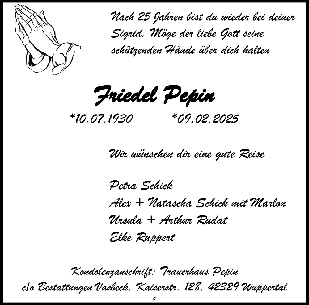  Traueranzeige für Friedel Pepin vom 15.02.2025 aus trauer.wuppertaler-rundschau.de