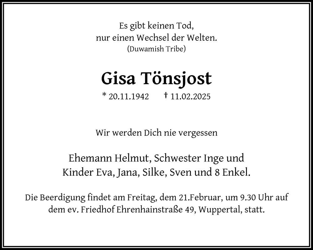  Traueranzeige für Gisa Tönsjost vom 15.02.2025 aus trauer.wuppertaler-rundschau.de