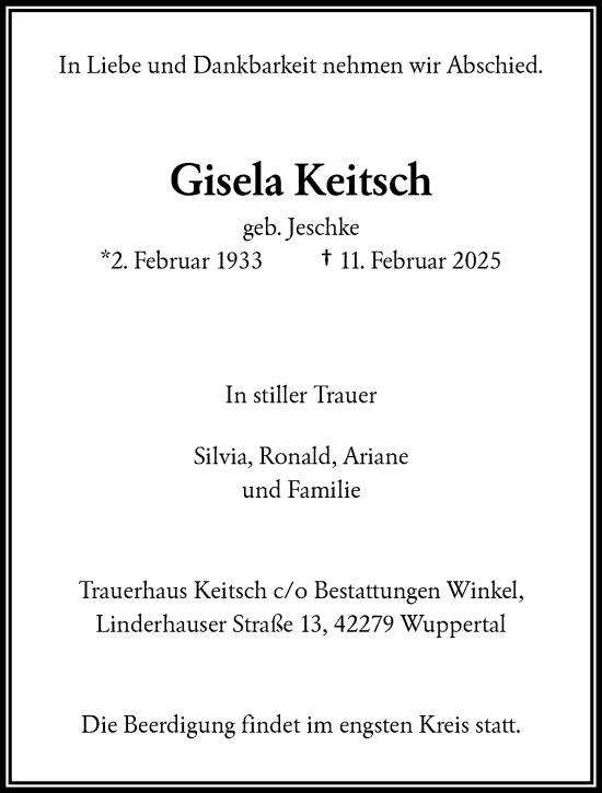 Traueranzeige von Gisela Keitsch von trauer.wuppertaler-rundschau.de