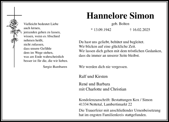 Traueranzeige von Hannelore Simon von trauer.extra-tipp-moenchengladbach.de