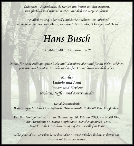 Traueranzeige von Hans Busch von trauer.extra-tipp-moenchengladbach.de
