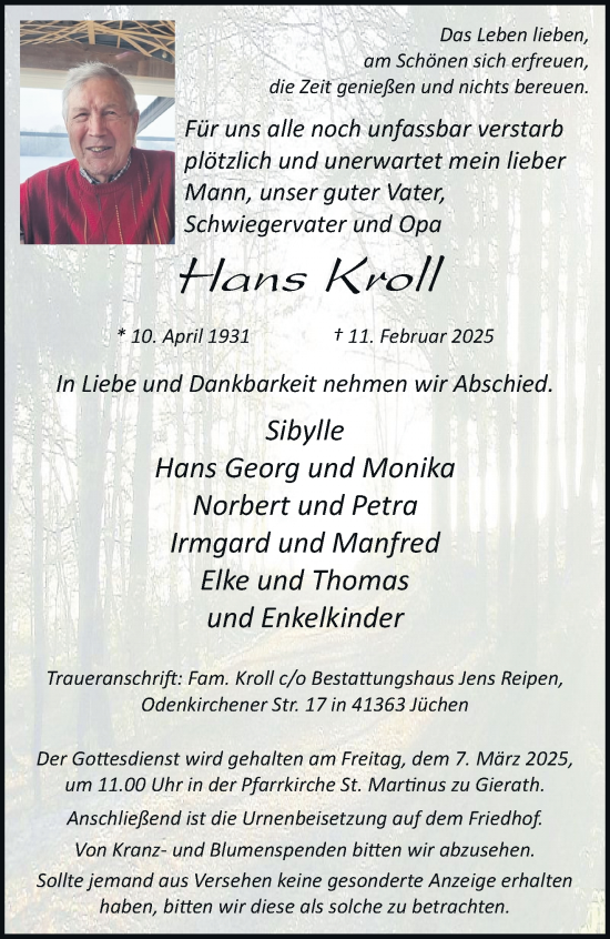 Traueranzeige von Hans Kroll von trauer.stadt-kurier.de