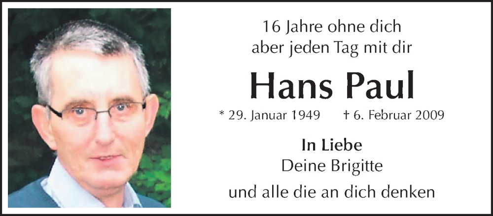  Traueranzeige für Hans Paul vom 09.02.2025 aus trauer.extra-tipp-moenchengladbach.de