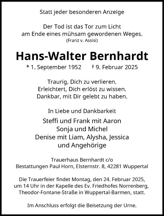 Traueranzeige von Hans-Walter Bernhardt von trauer.wuppertaler-rundschau.de