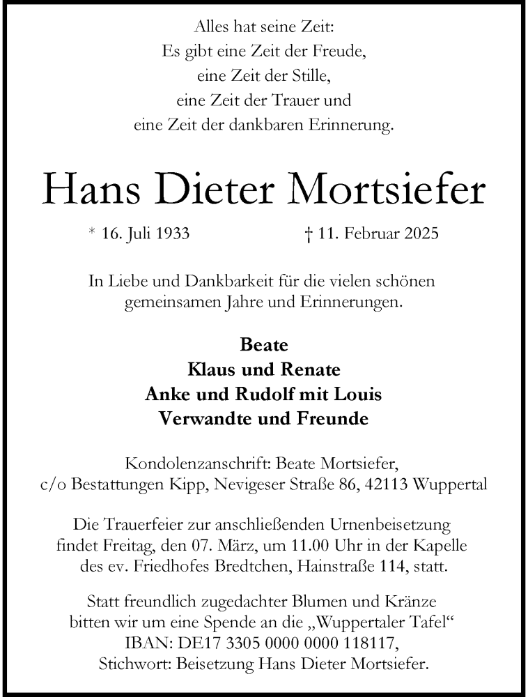  Traueranzeige für Hans Dieter Mortsiefer vom 01.03.2025 aus trauer.wuppertaler-rundschau.de