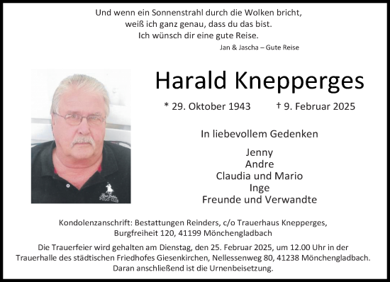 Traueranzeige von Harald Knepperges von trauer.extra-tipp-moenchengladbach.de