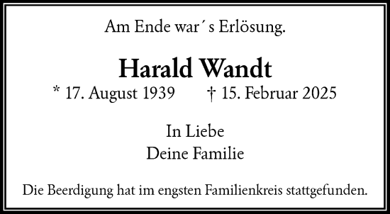 Traueranzeige von Harald Wandt von trauer.wuppertaler-rundschau.de