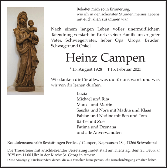 Traueranzeige von Heinz Campen von trauer.extra-tipp-moenchengladbach.de
