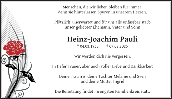 Traueranzeige von Heinz-Joachim Pauli von trauer.wuppertaler-rundschau.de