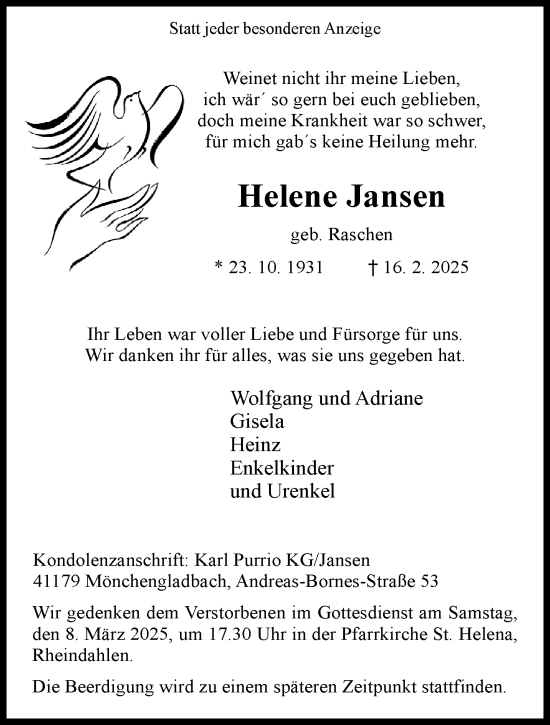 Traueranzeige von Helene Jansen von trauer.extra-tipp-moenchengladbach.de