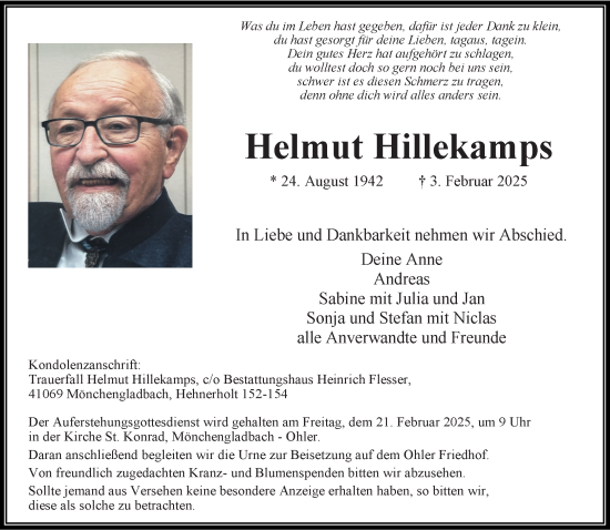 Traueranzeige von Helmut Hillekamps von trauer.extra-tipp-moenchengladbach.de