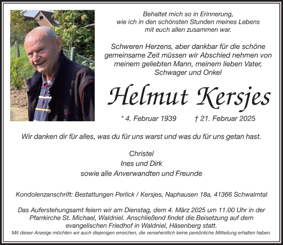Traueranzeige von Helmut Kersjes von trauer.extra-tipp-moenchengladbach.de