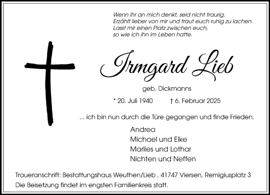 Traueranzeige von Irmgard Lieb von trauer.extra-tipp-moenchengladbach.de