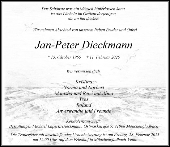 Traueranzeige von Jan-Peter Dieckmann von trauer.extra-tipp-moenchengladbach.de