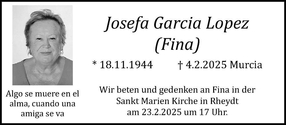  Traueranzeige für Josefa Garcia Lopez vom 16.02.2025 aus trauer.extra-tipp-moenchengladbach.de