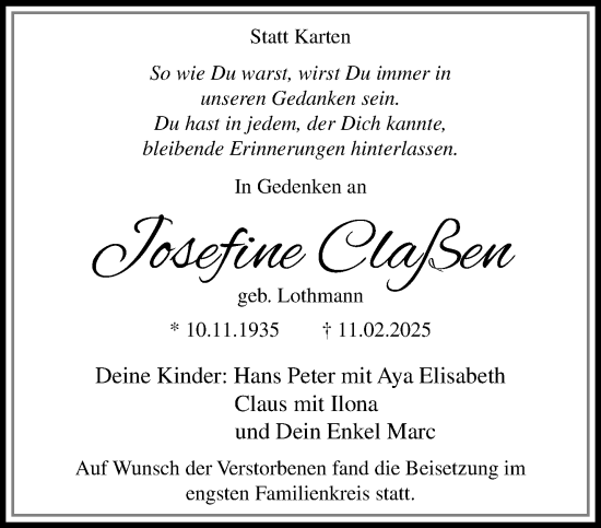 Traueranzeige von Josefine Claßen von trauer.extra-tipp-moenchengladbach.de