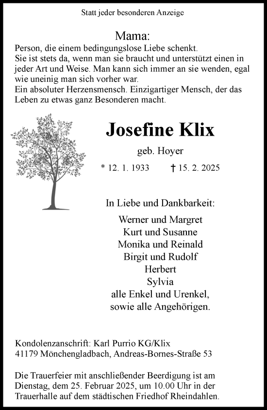Traueranzeige von Josefine Klix von trauer.extra-tipp-moenchengladbach.de