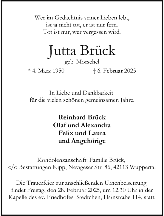 Traueranzeige von Jutta Brück von trauer.wuppertaler-rundschau.de