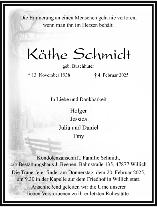 Traueranzeige von Käthe Schmidt von trauer.extra-tipp-moenchengladbach.de