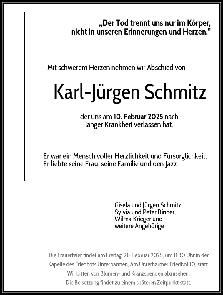  Traueranzeige für Karl-Jürgen Schmitz vom 22.02.2025 aus trauer.wuppertaler-rundschau.de