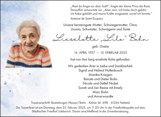 Traueranzeige von Lieselotte Bohn von trauer.extra-tipp-moenchengladbach.de