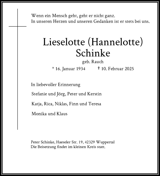 Traueranzeige von Lieselotte Schinke von trauer.wuppertaler-rundschau.de