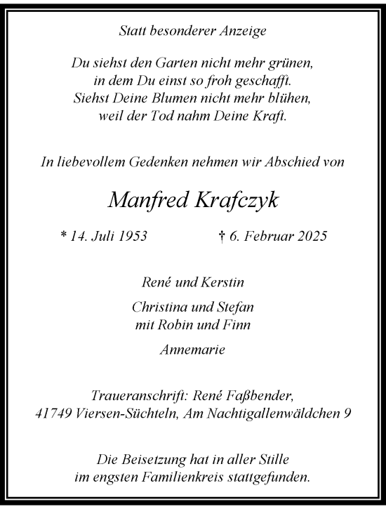 Traueranzeige von Manfred Krafczyk von trauer.extra-tipp-moenchengladbach.de