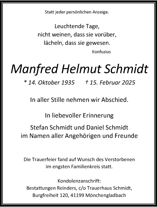 Traueranzeige von Manfred Helmut Schmidt von trauer.stadt-kurier.de