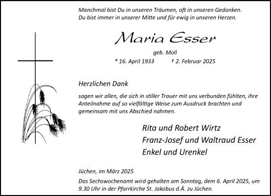 Traueranzeige von Maria Esser von trauer.stadt-kurier.de