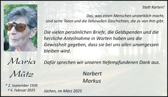 Traueranzeige von Maria Mütz von trauer.stadt-kurier.de