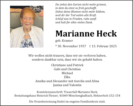 Traueranzeige von Marianne Heck von trauer.extra-tipp-moenchengladbach.de