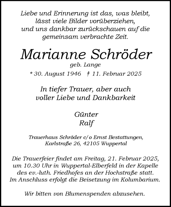 Traueranzeige von Marianne Schröder von trauer.wuppertaler-rundschau.de