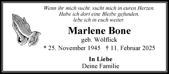 Traueranzeige von Marlene Bone von trauer.extra-tipp-moenchengladbach.de