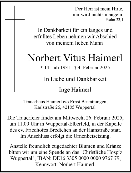 Traueranzeige von Norbert Vitus Haimerl von trauer.wuppertaler-rundschau.de