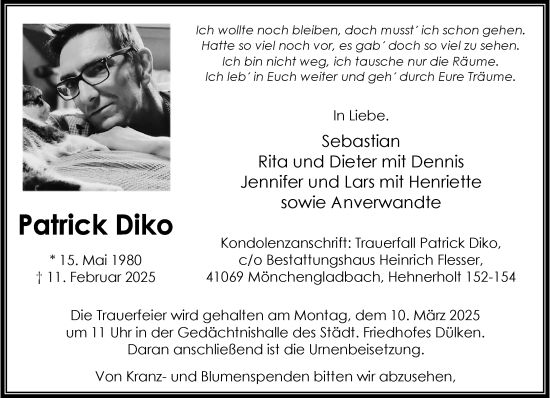 Traueranzeige von Patrick Diko von trauer.extra-tipp-moenchengladbach.de